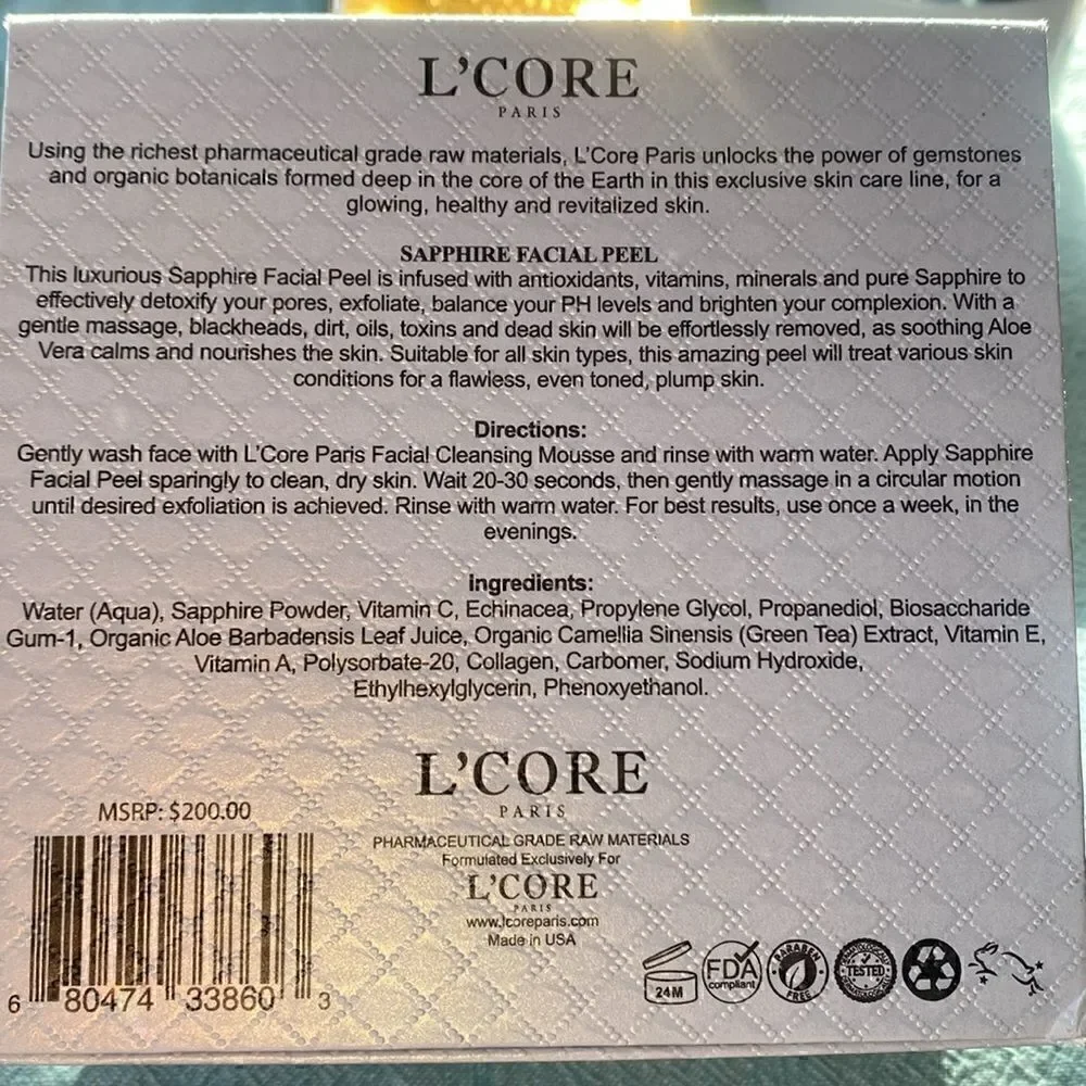 L’Core Paris Sapphire Facial Peel 1.7 oz 50ml NIB Luxury Skincare Exfoliating